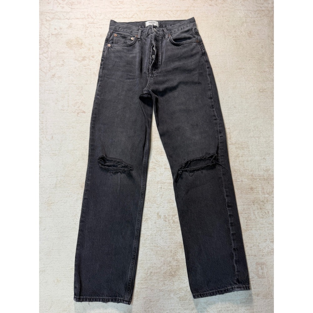AGOLDE 90s Pinch Waist High Rise Straight Leg Jeans Washed Black Distressed 27